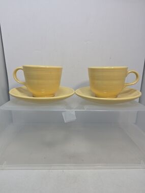 Fiesta Ware Yellow Flat Coffee Cups & Saucers Set of 2 Homer Laughlin